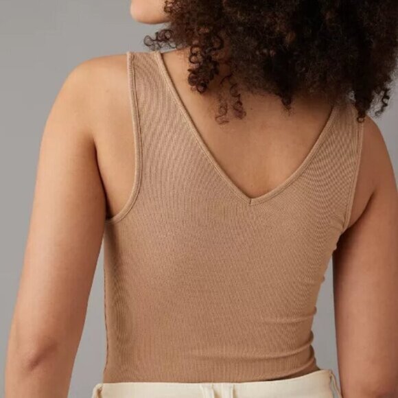 NWT American Eagle Ribbed V Neck Brown Thong Bodysuit - Picture 2 of 6